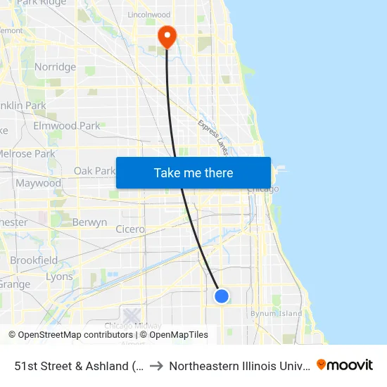 51st Street & Ashland (East) to Northeastern Illinois University map