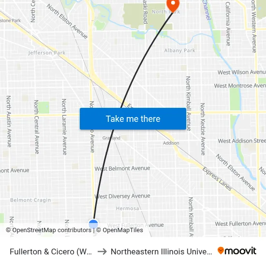 Fullerton & Cicero (West) to Northeastern Illinois University map