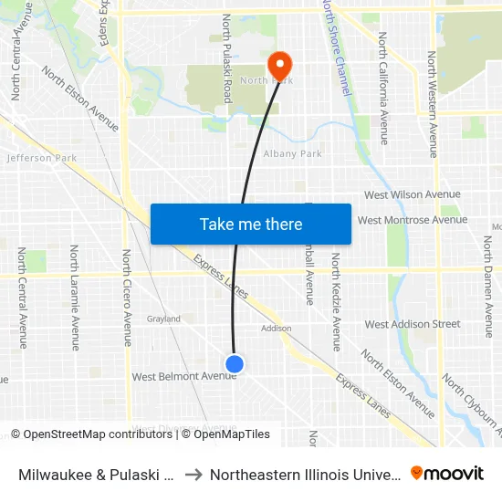 Milwaukee & Pulaski (Se) to Northeastern Illinois University map
