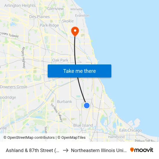Ashland & 87th Street (South) to Northeastern Illinois University map