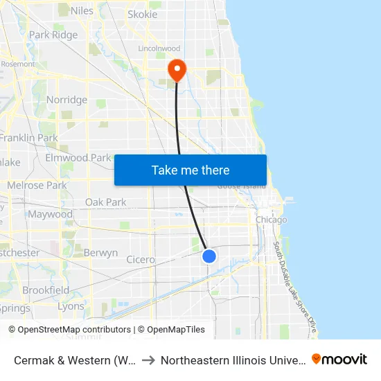 Cermak & Western (West) to Northeastern Illinois University map