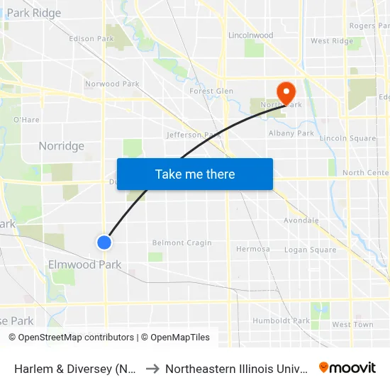Harlem & Diversey (North) to Northeastern Illinois University map