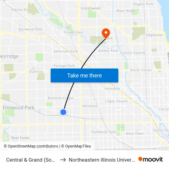 Central & Grand (South) to Northeastern Illinois University map