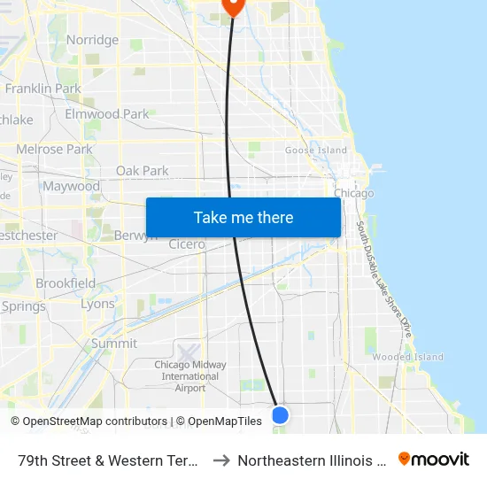 79th Street & Western Terminal (East) to Northeastern Illinois University map