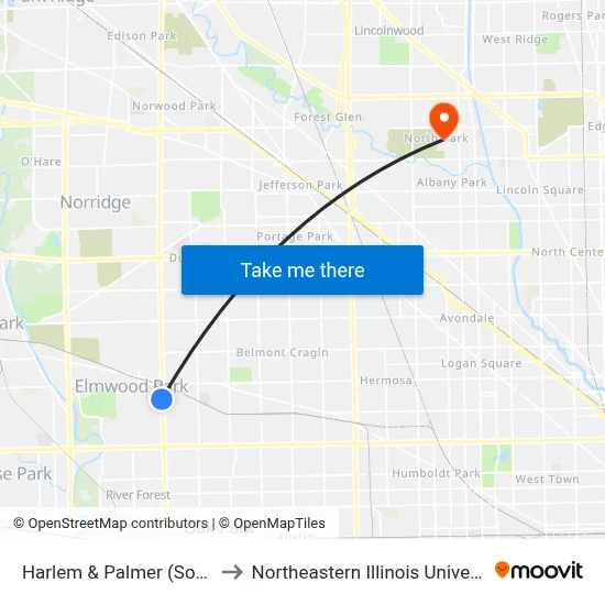 Harlem & Palmer (South) to Northeastern Illinois University map