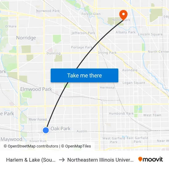 Harlem & Lake (South) to Northeastern Illinois University map