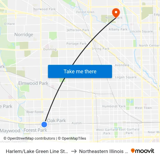 Harlem/Lake Green Line Station (West) to Northeastern Illinois University map