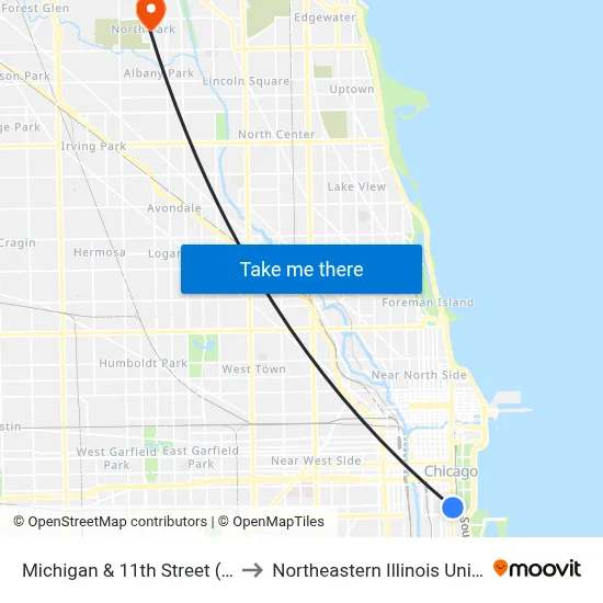 Michigan & 11th Street (North) to Northeastern Illinois University map