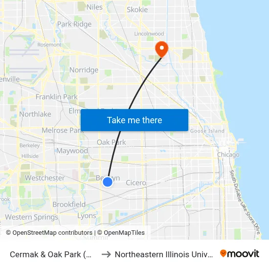 Cermak & Oak Park (West) to Northeastern Illinois University map