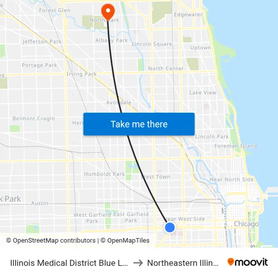Illinois Medical District Blue Line Station (North) to Northeastern Illinois University map