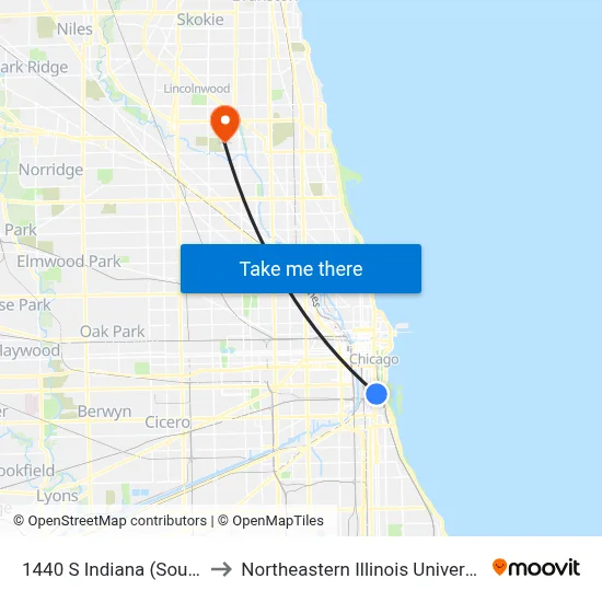 1440 S Indiana (South) to Northeastern Illinois University map