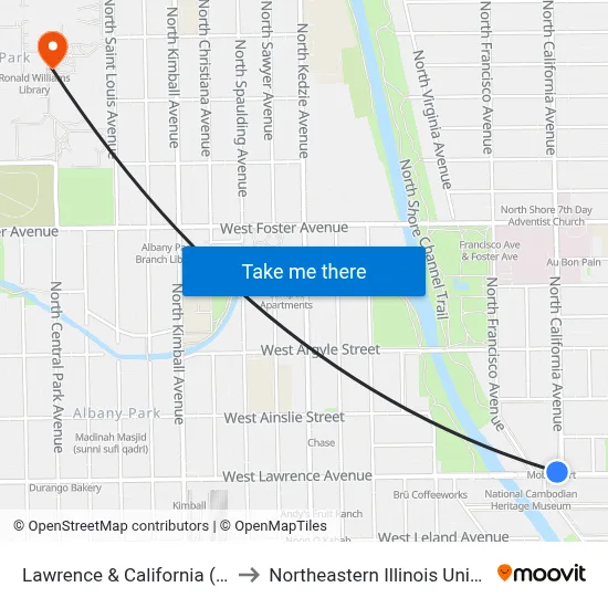 Lawrence & California (West) to Northeastern Illinois University map