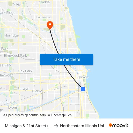 Michigan & 21st Street (South) to Northeastern Illinois University map