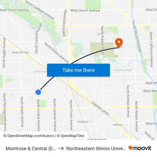 Montrose & Central (East) to Northeastern Illinois University map