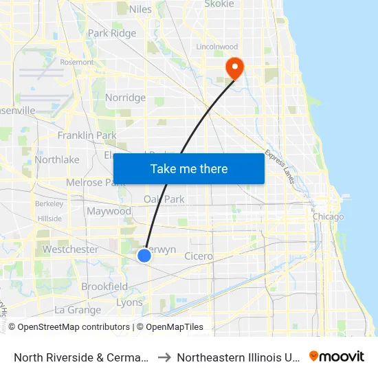 North Riverside & Cermak (North) to Northeastern Illinois University map