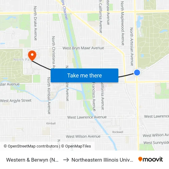 Western & Berwyn (North) to Northeastern Illinois University map