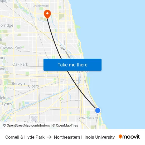 Cornell & Hyde Park to Northeastern Illinois University map