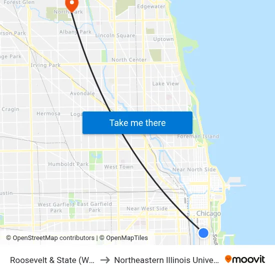 Roosevelt & State (West) to Northeastern Illinois University map