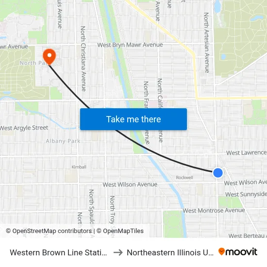 Western Brown Line Station (West) to Northeastern Illinois University map