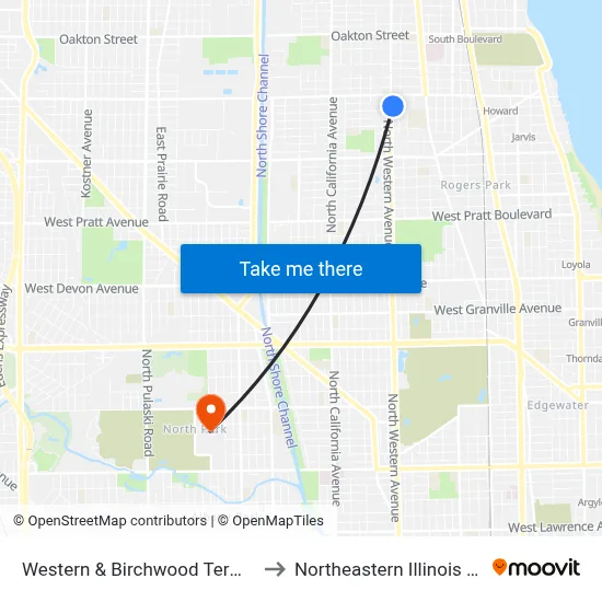 Western & Birchwood Terminal (West) to Northeastern Illinois University map