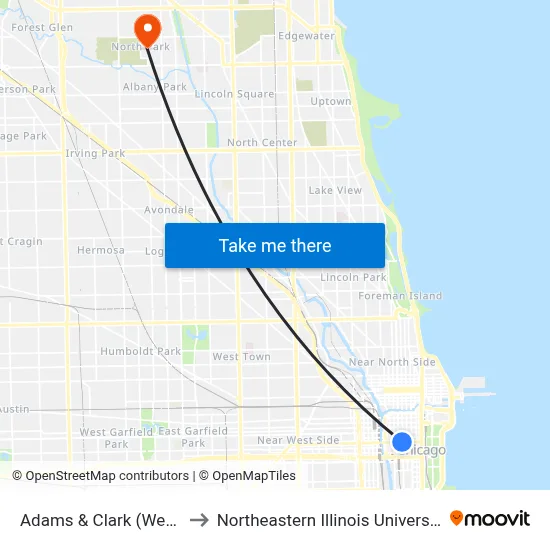 Adams & Clark (West) to Northeastern Illinois University map