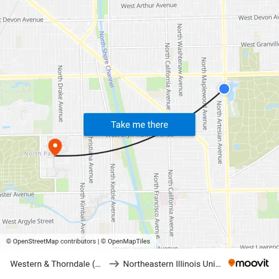 Western & Thorndale (South) to Northeastern Illinois University map