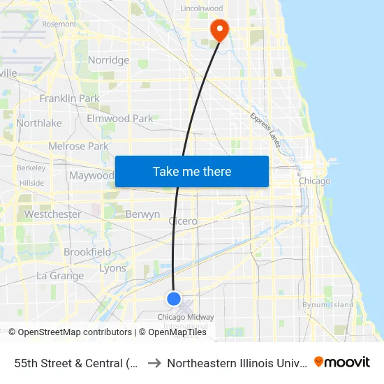 55th Street & Central (West) to Northeastern Illinois University map