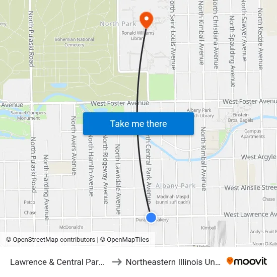 Lawrence & Central Park (East) to Northeastern Illinois University map