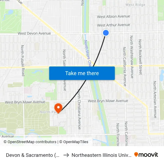 Devon & Sacramento (West) to Northeastern Illinois University map
