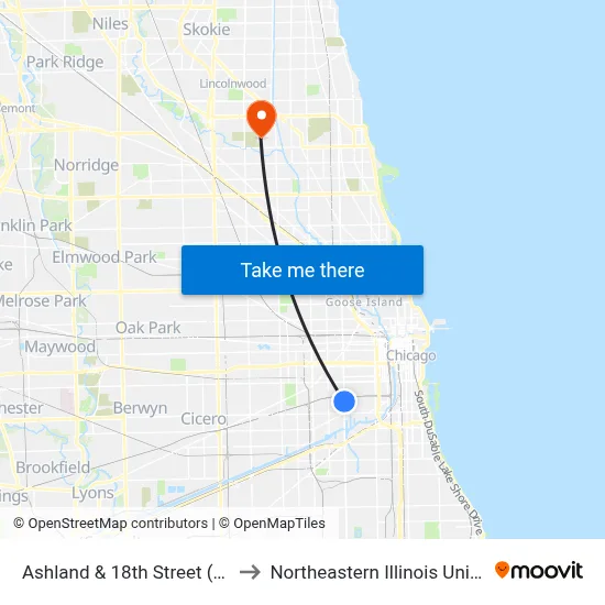 Ashland & 18th Street (South) to Northeastern Illinois University map