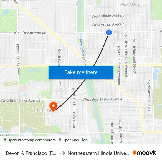 Devon & Francisco (East) to Northeastern Illinois University map