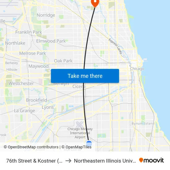 76th Street & Kostner (East) to Northeastern Illinois University map