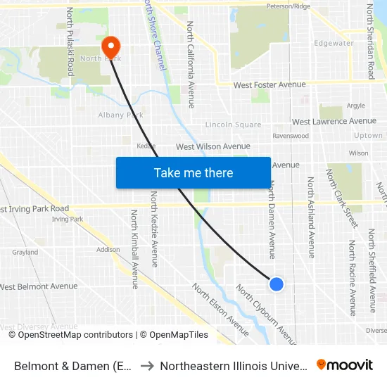 Belmont & Damen (East) to Northeastern Illinois University map