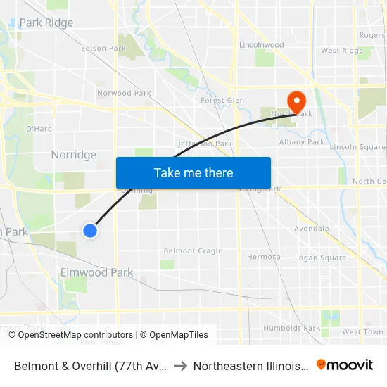 Belmont & Overhill (77th Avenue) (West) to Northeastern Illinois University map