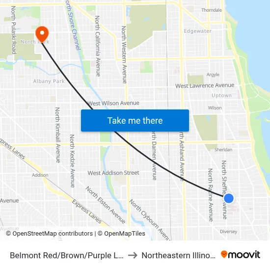 Belmont Red/Brown/Purple Line Station (East) to Northeastern Illinois University map