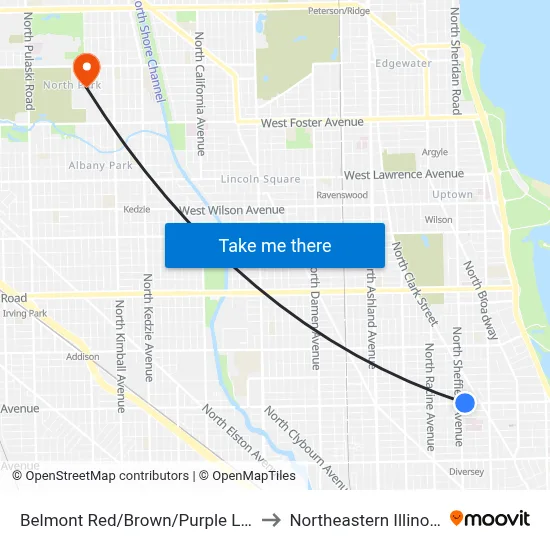 Belmont Red/Brown/Purple Line Station (West) to Northeastern Illinois University map