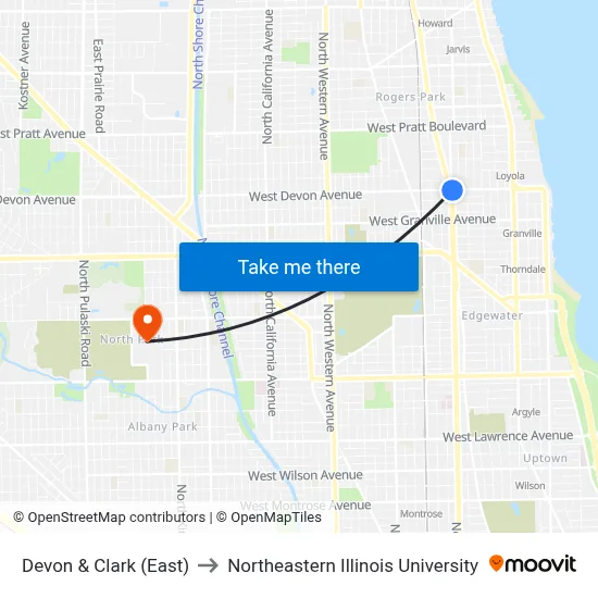 Devon & Clark (East) to Northeastern Illinois University map