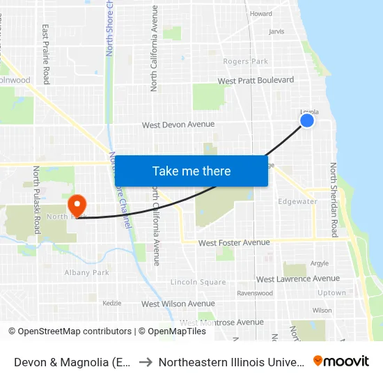 Devon & Magnolia (East) to Northeastern Illinois University map