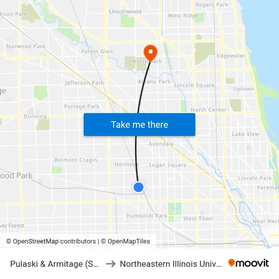 Pulaski & Armitage (South) to Northeastern Illinois University map