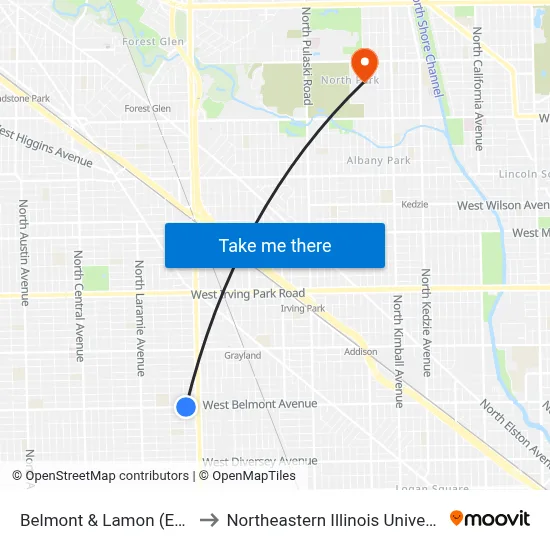 Belmont & Lamon (East) to Northeastern Illinois University map
