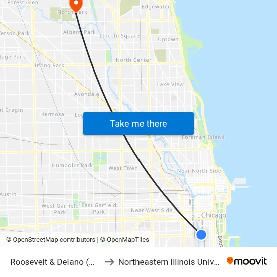 Roosevelt & Delano (West) to Northeastern Illinois University map