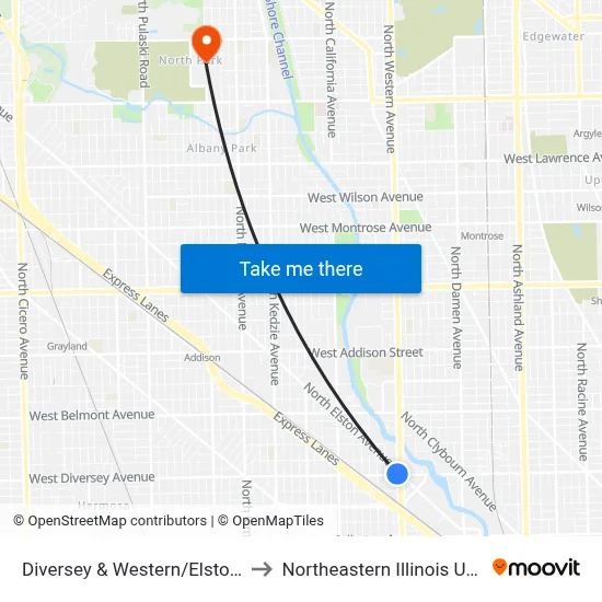 Diversey & Western/Elston (West) to Northeastern Illinois University map