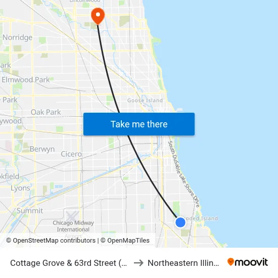 Cottage Grove & 63rd Street (Green Line) (North) to Northeastern Illinois University map