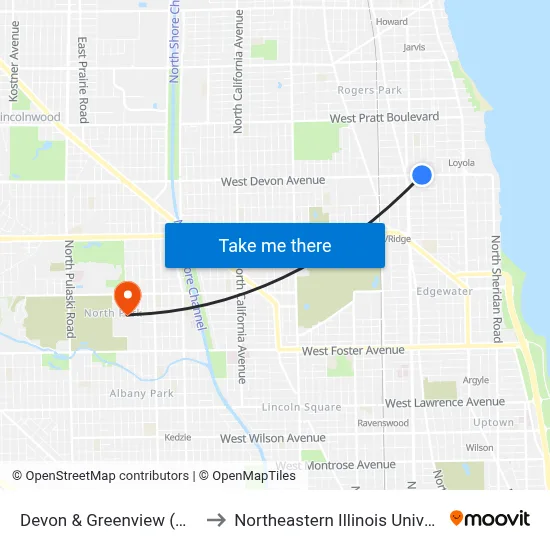 Devon & Greenview (West) to Northeastern Illinois University map