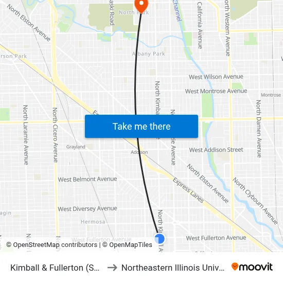 Kimball & Fullerton (South) to Northeastern Illinois University map