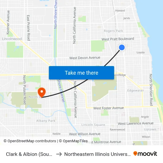 Clark & Albion (South) to Northeastern Illinois University map