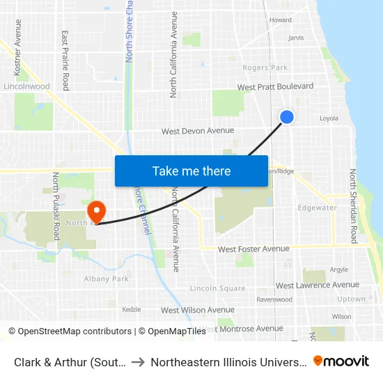 Clark & Arthur (South) to Northeastern Illinois University map
