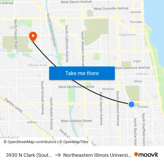 3930 N Clark (South) to Northeastern Illinois University map