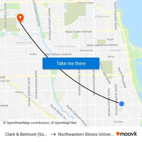 Clark & Belmont (South) to Northeastern Illinois University map