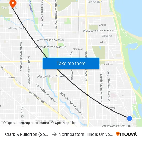 Clark & Fullerton (South) to Northeastern Illinois University map